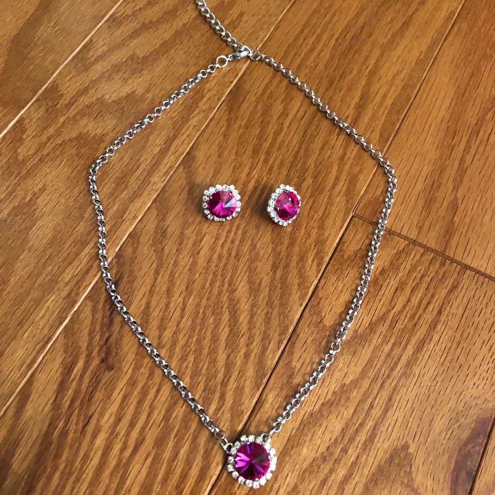 Swarovski Crystal Necklace, & Earring set- Fuchsia